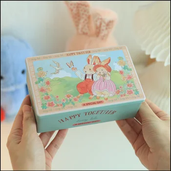 1 шт. Жестяная коробка для хранения конфет с мультяшным кроликом, Маленькая Настольная Коллекционная Металлическая коробка, Прямоугольник, контейнер-органайзер для кофе, сахара и чая