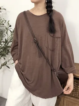 2022 Женская футболка Хлопок с длинным рукавом и круглым вырезом, однотонная Тонкая осенне-весенняя Свободная повседневная шикарная модная женская блузка YoYiKamomo