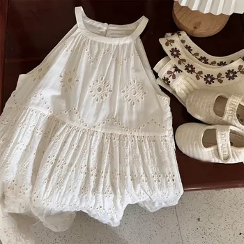 2023 Летнее модное платье-слинг для маленькой девочки, белое праздничное платье-жилет средней длины, платье для девочек