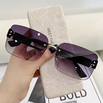 2023 Новые прямоугольные солнцезащитные очки без оправы для женщин, корейский модный дизайнер, Черное зеркало, модные женские солнцезащитные очки с затенением Uv400