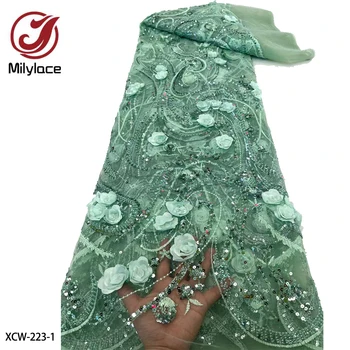 3D Роскошное Африканское кружево из бисера Frabric Высококачественное Французское кружево, расшитое блестками Кружевная ткань для свадебного платья XCW-223