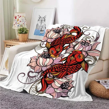 HX Japan Ukiyoe Одеяло Животные Рыба Красный Кои Цветочный Лотос Фланелевые одеяла с 3D принтом для кроватей Плюшевое одеяло 220x150 см