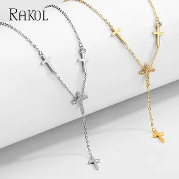 RAKOL Персонализированный крест Золотого цвета, Микронабор, Длинные ожерелья с подвесками из циркона, Женское роскошное ожерелье в стиле Уличный хип-хоп, вечерние украшения
