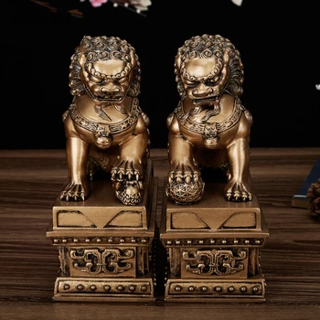 WSHYUFEI 2шт Статуя счастливого льва в китайском стиле из смолы могучий лев злые духи ремесла Домашний офис винтажная декоративная статуя