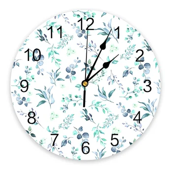 Акварельные Цветы и листья Сине-зеленые Большие настенные часы Декор для столовой ресторана Кафе Круглые Настенные часы Бесшумное Украшение дома