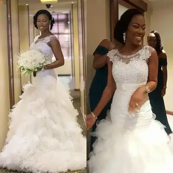 Африканская Русалка из бисера для невесты 2023, оборки больших размеров, Белые свадебные платья в стиле Кантри, сшитые на заказ в саду для новобрачных