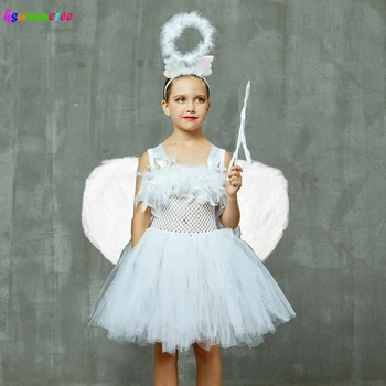 Белое платье-пачка с перьями для девочек-ангелов, детский костюм на Хэллоуин, День рождения, Рождественское платье для девочек с крыльями, наряд с ореолом