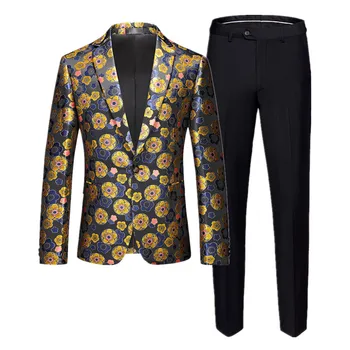 (Блейзер + брюки) Новый мужской костюм с цветочным рисунком, модное деловое платье-смокинг для выпускного вечера, мужская облегающая жаккардовая одежда