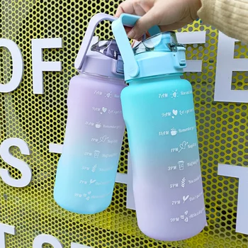 Бутылка для воды объемом 2 л, 2 литровые бутылки с соломинкой для питья, спортивный чайник, Отметка времени, СПОРТИВНАЯ чашка для занятий спортом С портативными пластиковыми стаканчиками многоразового использования