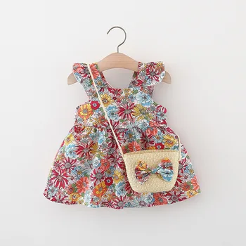 Винтажные платья с цветочным рисунком для маленьких девочек, летнее платье без рукавов, хлопковая одежда для маленьких девочек, отправить бамбуковую корзину, сумку