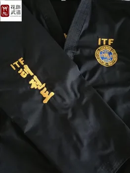Горячая распродажа черной формы студентов ITF по тхэквондо, одежда с золотой вышивкой, стандартный размер можно настроить по индивидуальному заказу