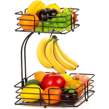 Двухслойная квадратная корзина для фруктов, чаша с крючком для бананов, подходит для кухонной столешницы, Съемный стеллаж для хранения фруктов и овощей