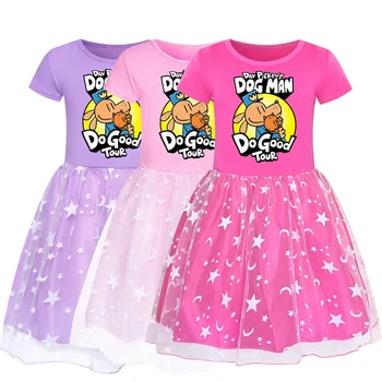 Детское платье с рисунком человека-собаки, футболка с рисунком из мультфильма, сетчатые платья для маленьких девочек, платья принцессы, детская одежда для свадебной вечеринки