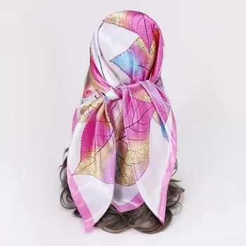 Женская модная шаль с принтом листьев, Хиджаб, Квадратный платок из искусственного шелка, Бандана 90*90 см