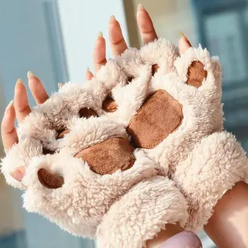 Зимние перчатки с милой мультяшной кошкой для девочек, утолщающие перчатки с пушистой медвежьей лапой на полпальца G22