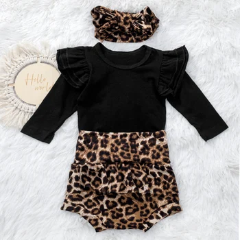 Комплект для маленьких девочек с леопардовым принтом, модная хлопчатобумажная одежда, однотонный черный комбинезон с длинными рукавами и повязкой на голову, детская одежда, костюм для малышей