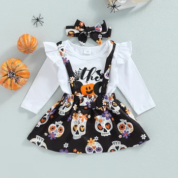 Комплект одежды для новорожденных девочек на Хэллоуин, комбинезон с длинными рукавами и буквенным принтом, юбка на подтяжках с черепом и повязкой на голову