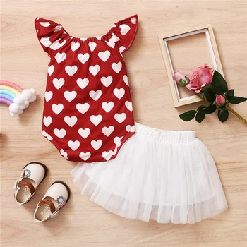 Комплект одежды из 2 предметов для маленьких девочек с принтом в виде сердца, комбинезон с рукавами-флай + тюлевая прозрачная юбка, милый летний наряд