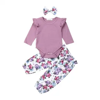 Комплекты одежды для новорожденных девочек, фиолетовые хлопковые ползунки, топы + брюки с цветочным рисунком, комплект одежды из 3 шт.
