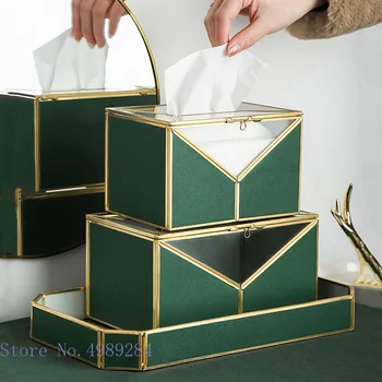 Креативность Зеленая трава Кожаная Прозрачная коробка для салфеток Лоток для хранения кистей для макияжа Организация хранения на рабочем столе Украшение дома