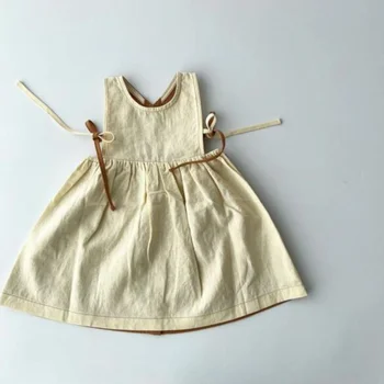 Летнее детское платье в цветную клетку 2023, Однобортное платье без рукавов для девочек, льняное хлопковое платье без рукавов