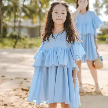 Летние пляжные детские солнцезащитные платья для девочек, хлопковые свободные платья с V-образным вырезом и пышными рукавами и оборками, повседневное праздничное платье принцессы для маленьких девочек 140 10 ЛЕТ