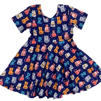 Летний бутик одежды для девочек с принтом котенка из мультфильма, темно-синее платье, милая детская одежда оптом