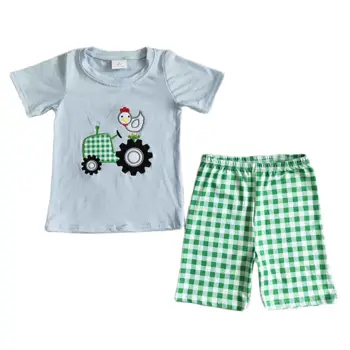 Летняя одежда для мальчиков с вышивкой Truck Chick, Синий топ с коротким рукавом, Зеленые клетчатые шорты, комплект одежды для маленьких детей, детская одежда из бутика