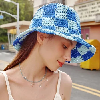 Новая модная женская летняя соломенная шляпа в шахматном порядке с широкими полями, солнцезащитная шляпа-панама для пляжного отдыха
