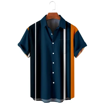 Новая мужская гавайская рубашка с красочным принтом в полоску, повседневный топ с короткими рукавами и пуговицами на лацкане, модный Удобный кардиган