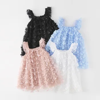 Новое летнее платье для маленьких девочек, модное однотонное платье с 3D вышивкой в виде бабочки, пышные платья на бретелях, Милая праздничная одежда для малышей