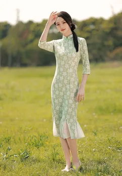 Современный Китайский стиль, Улучшенный Зеленый Чонсам, Новый Цветочный темперамент, большие размеры, летнее платье Ципао в стиле Young Old Shanghai для женщин