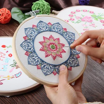 Стартовый набор для вышивки своими руками Цветок Лотоса для начинающих Набор для вышивания крестиком с набивным рисунком Обруч для рукоделия Искусство шитья ручной работы